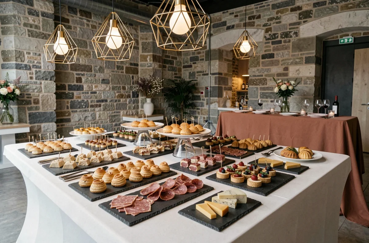 Table de réception du traiteur Du Coinot à Montbéliard avec bouchées charcuterie et mini desserts sur ardoise