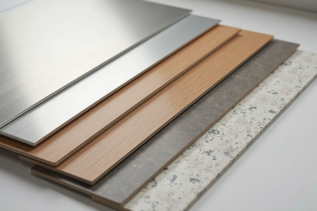 Échantillons de matériaux de façades de cuisine disposés en flat-lay : aluminium brossé, laque brillante, placage bois et stratifié compact