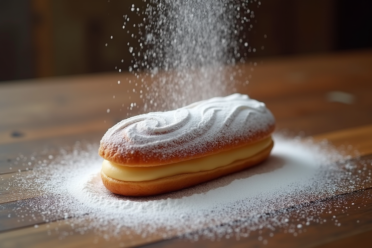 Eclair décoré de sucre en poudre sur table en bois rustique