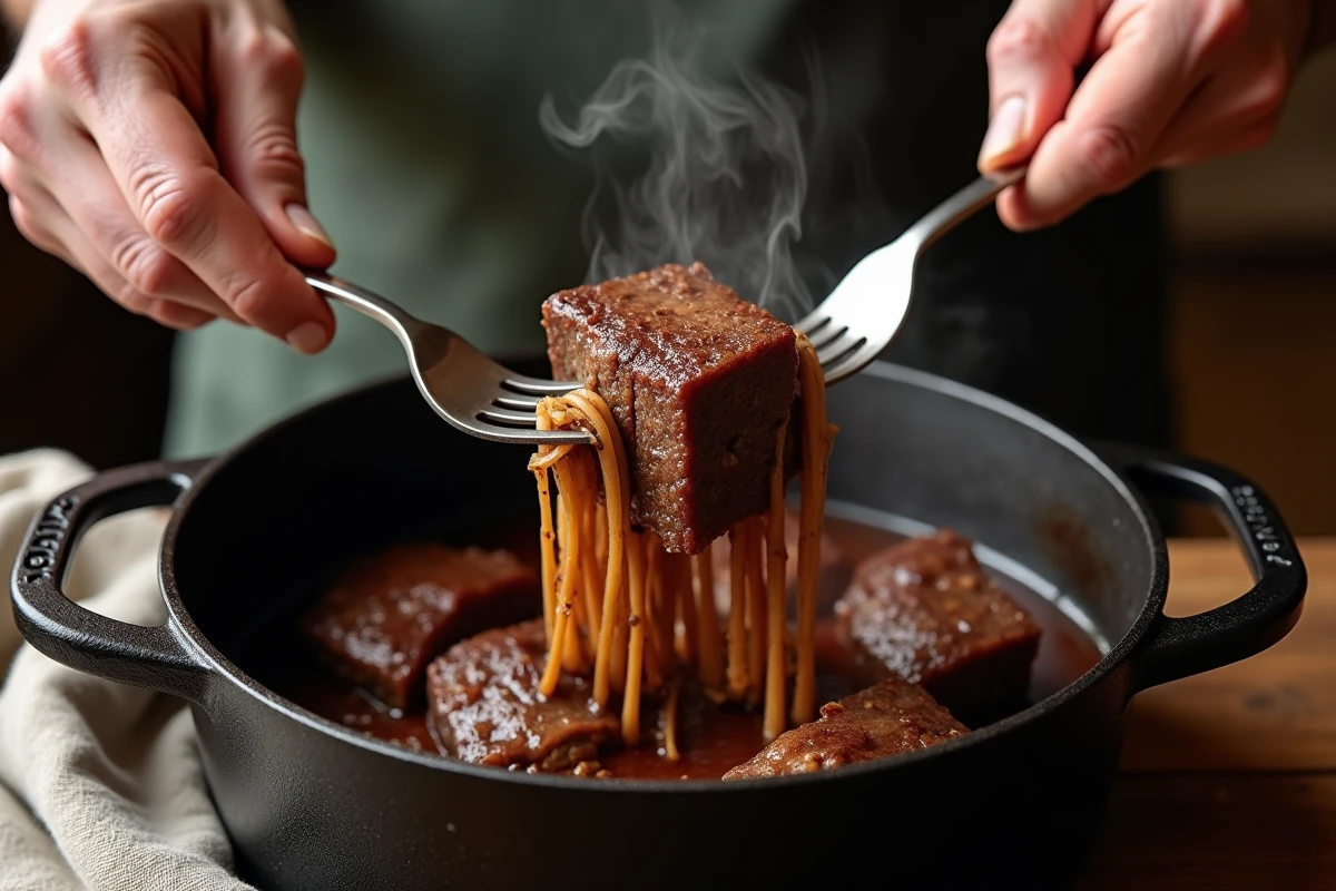 Effilochage de côtes de bœuf braisées fondantes dans une cocotte en fonte, démontrant l'attendrissement parfait par cuisson lente