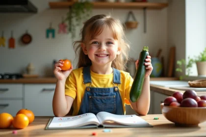 Jeune fille souriante avec courgette et prune dans la cuisine