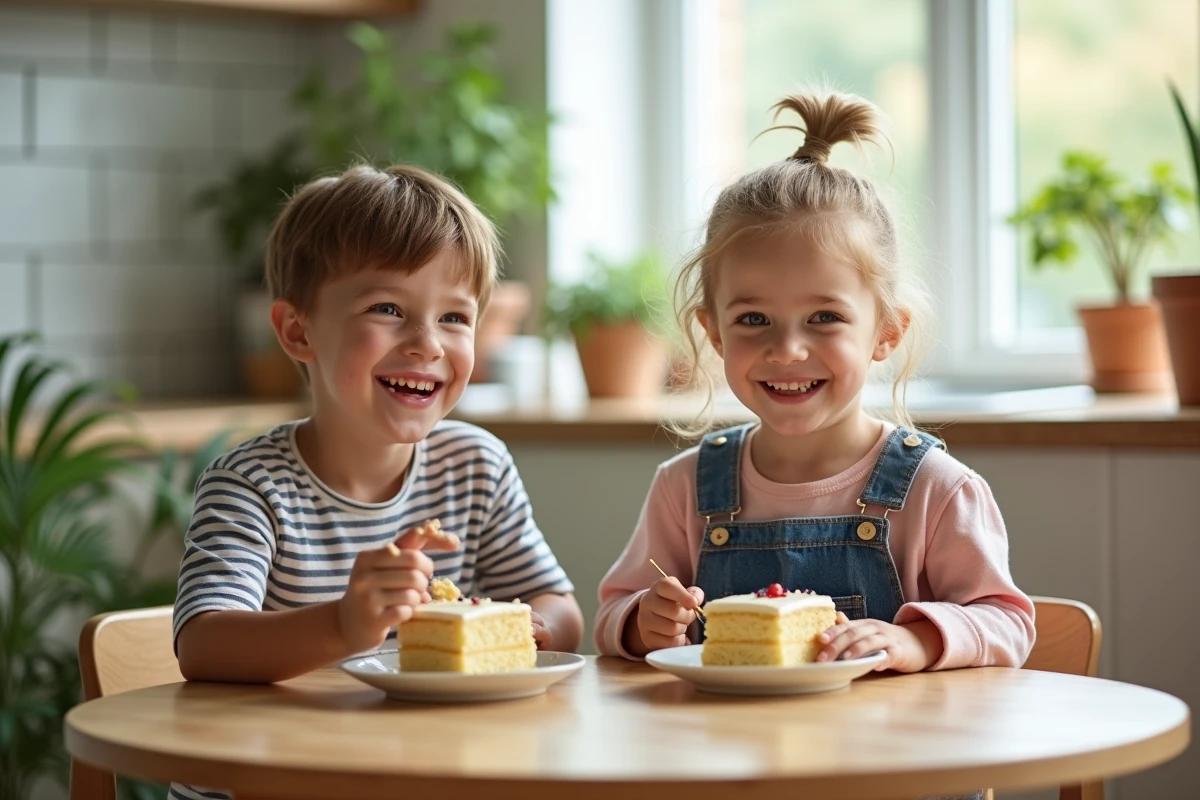 Deux enfants heureux dégustant des tranches de gâteau au yaourt fait maison à table