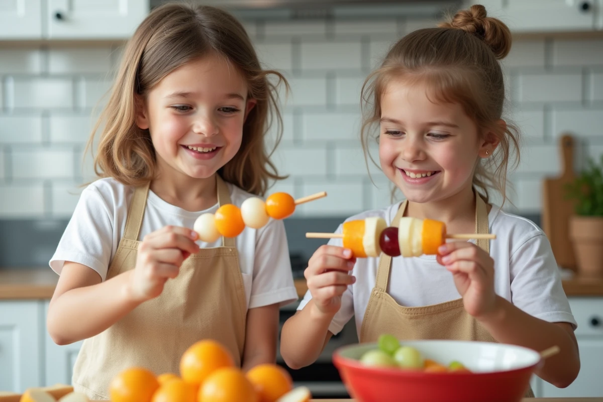 Deux enfants préparant des brochettes apéro colorées ensemble dans une cuisine moderne, activité ludique et créative