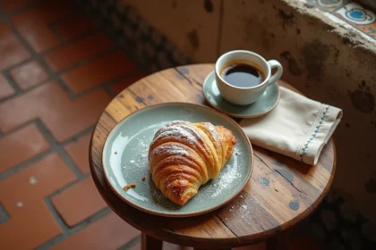 Ensaimada espagnole et café expresso servis sur une table en bois rustique dans un café andalou traditionnel