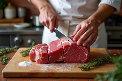Chef réalisant des entailles en croisillons sur un rôti de bœuf cru pour attendrir la viande avant cuisson