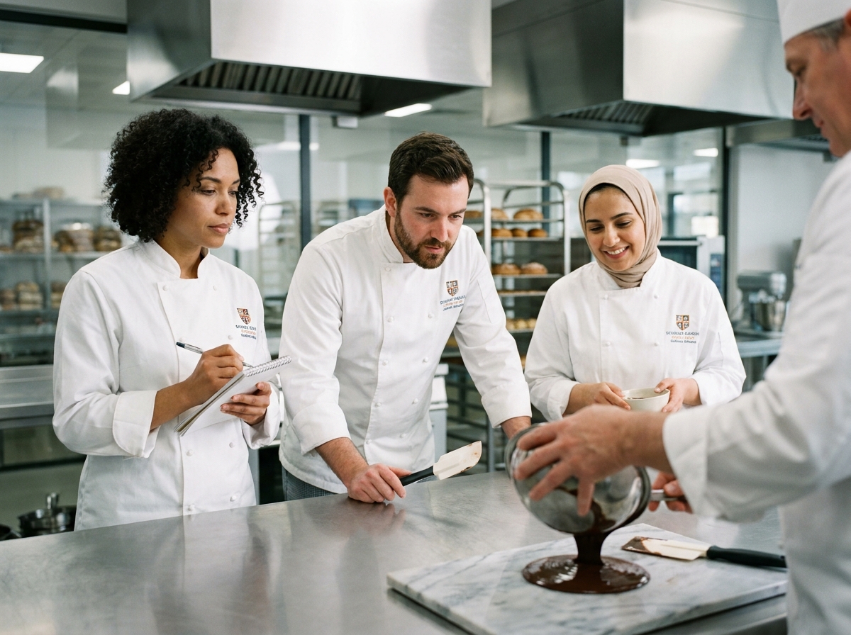 Étudiants en CAP pâtisserie observant une démonstration de tempérage du chocolat dans une école culinaire