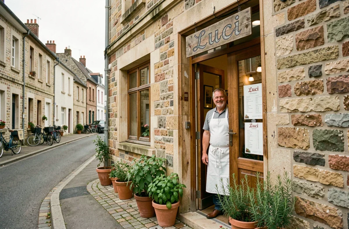 Façade extérieure du restaurant Luci à Argenteuil avec le chef en tablier blanc accueillant les clients à l'entrée