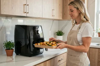 Femme utilisant un Air Fryer Ninja pour préparer des légumes rôtis dans une cuisine familiale moderne