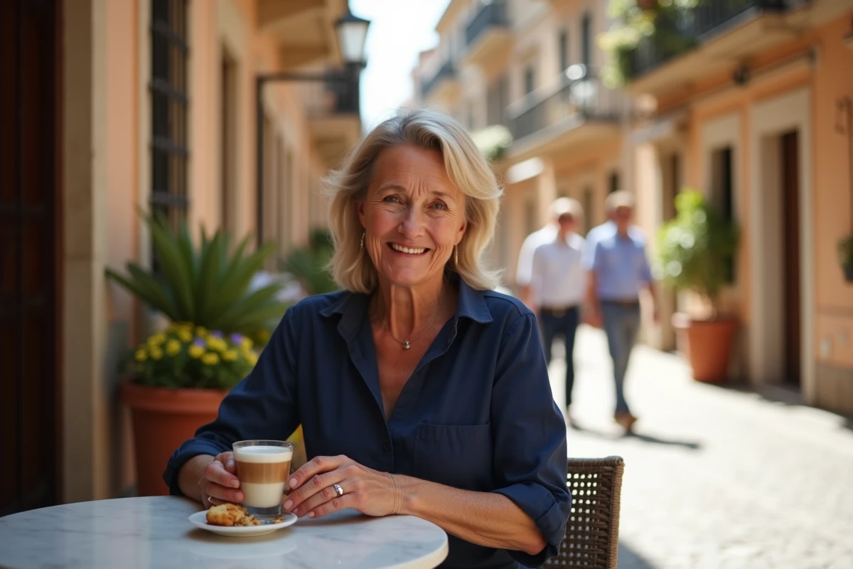 Femme espagnole savourant un café con leche avec un polvorón en terrasse dans une rue pavée espagnole