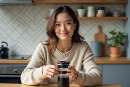 Jeune femme pressant un cafetière French press dans une cuisine lumineuse
