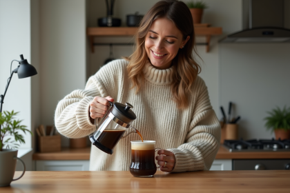 Femme versant cafe dans une tasse avec presse française