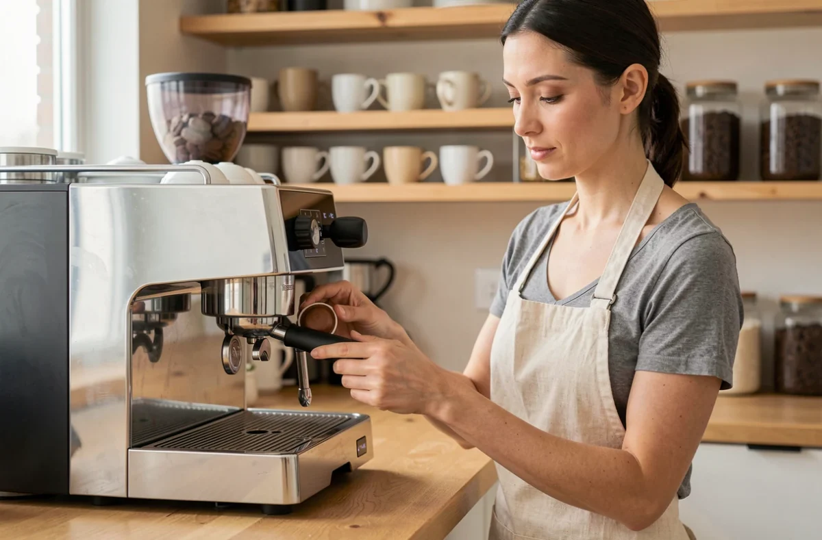 Femme insérant une capsule compatible Nespresso dans une machine à expresso moderne dans une cuisine en bois clair