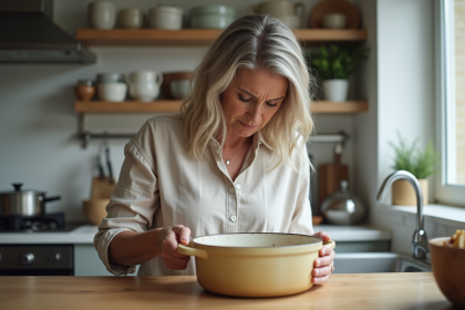 Femme examinant une casserole en cuisine moderne