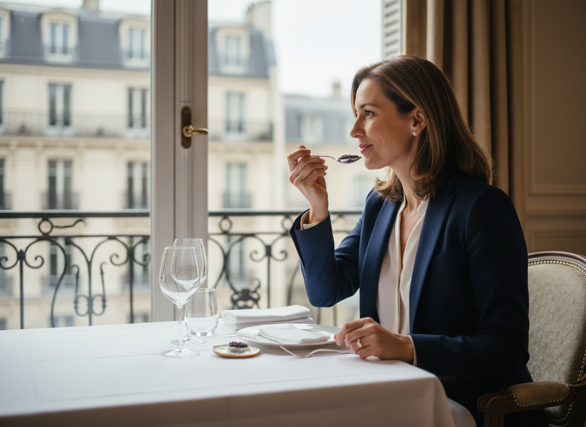 Femme élégante dégustant du caviar dans un restaurant parisien