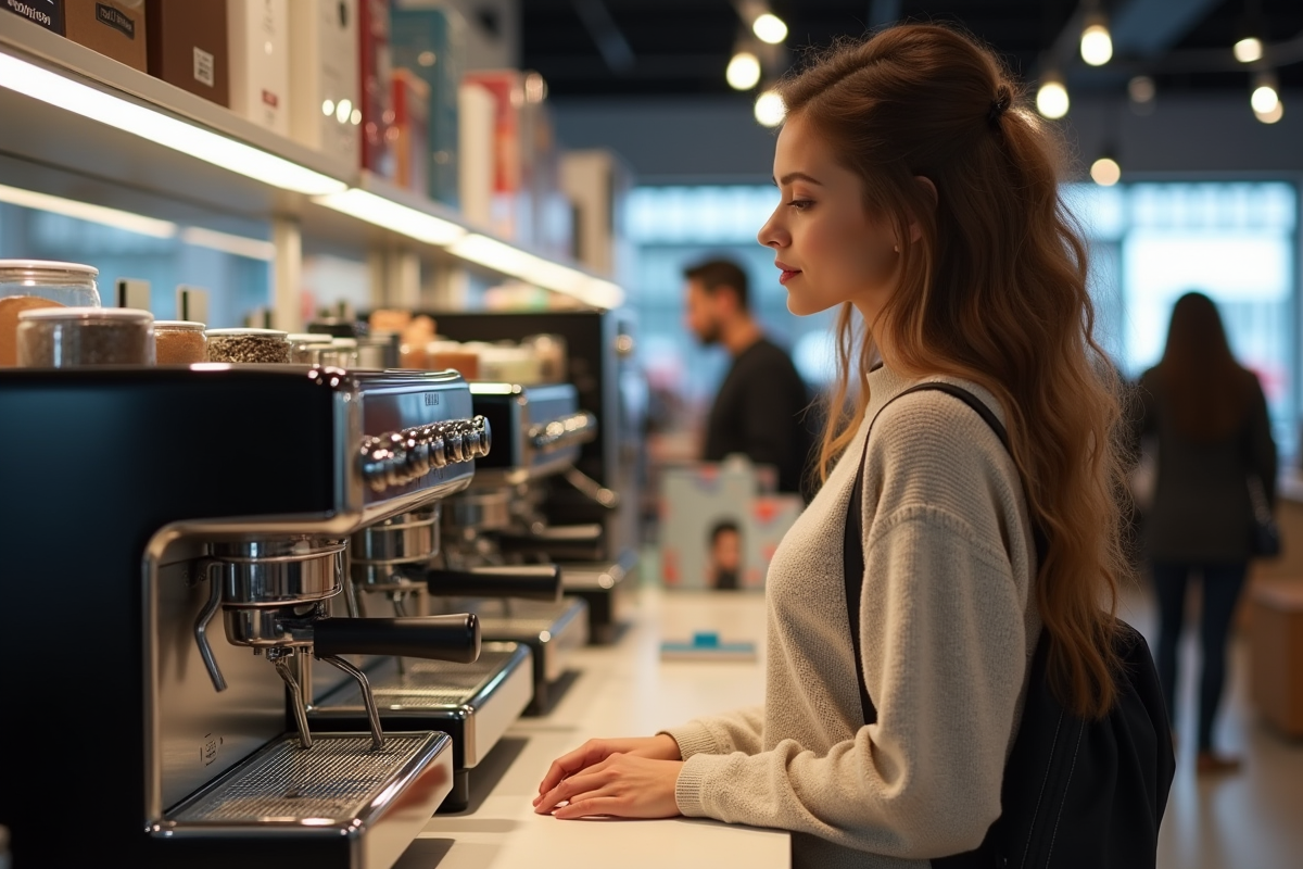 Jeune femme examinant des machines à café en magasin