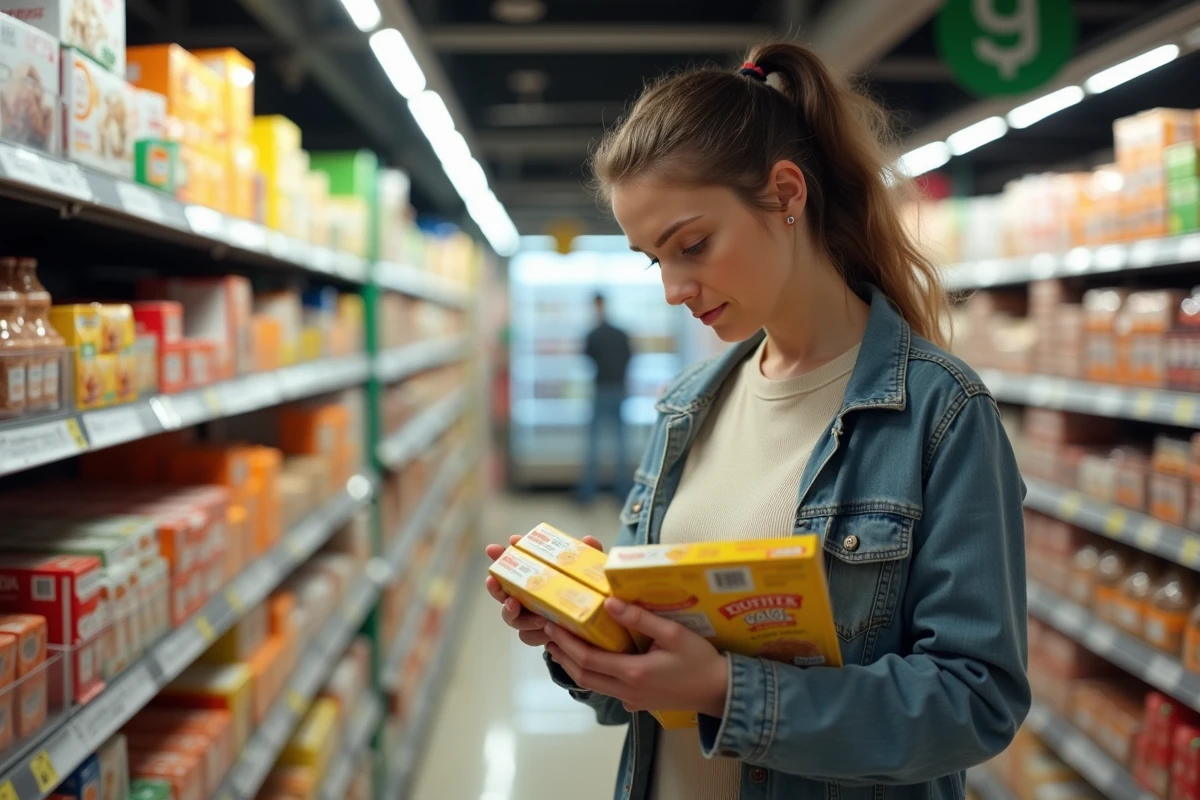 Femme comparant deux boîtes de gâteaux industriels peu caloriques dans le rayon d'un supermarché