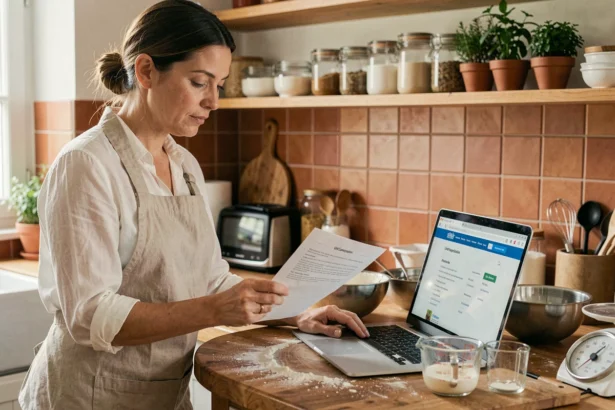 Femme utilisant un convertisseur de recettes en cuisine avec des ustensiles de mesure et un ordinateur portable