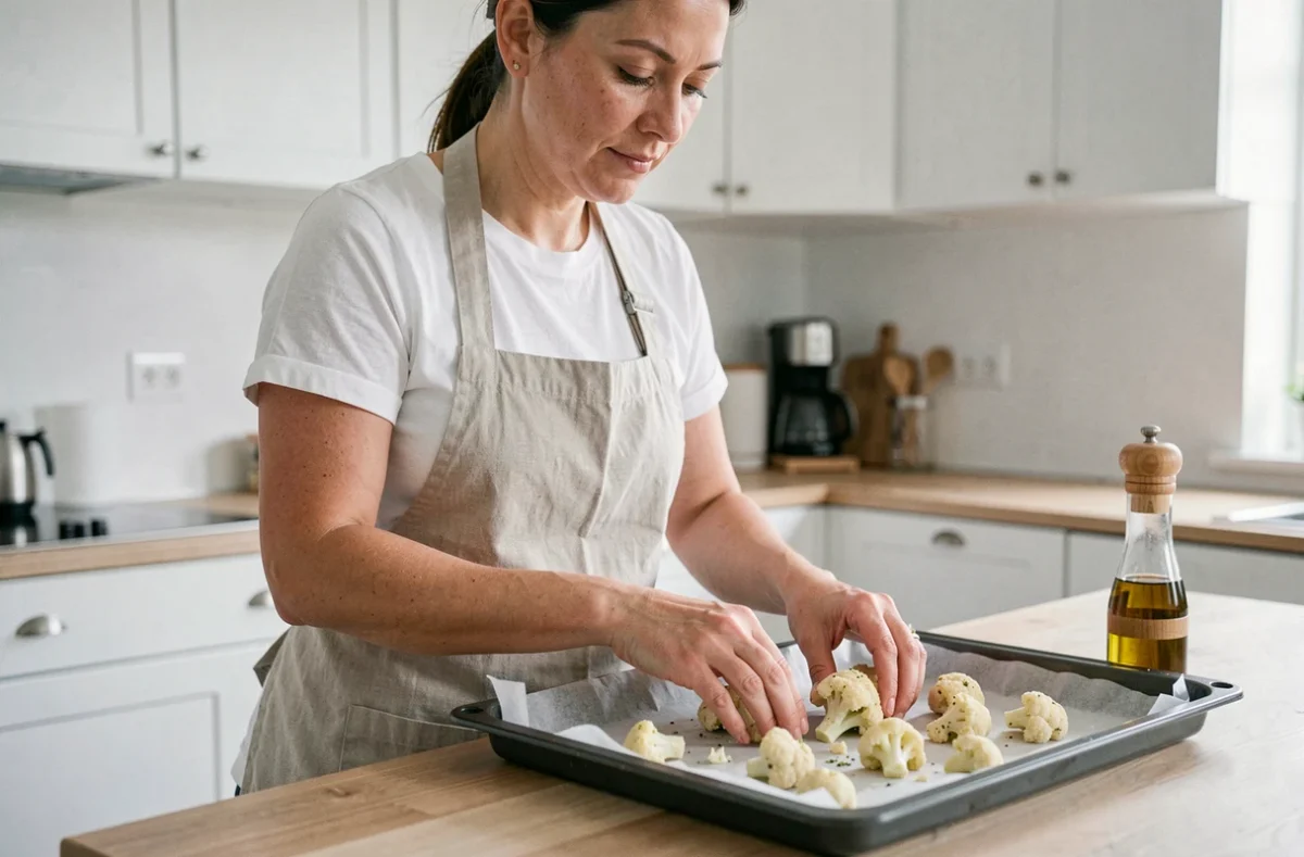 Femme préparant des fleurettes de chou-fleur assaisonnées sur une plaque recouverte de papier cuisson dans une cuisine épurée