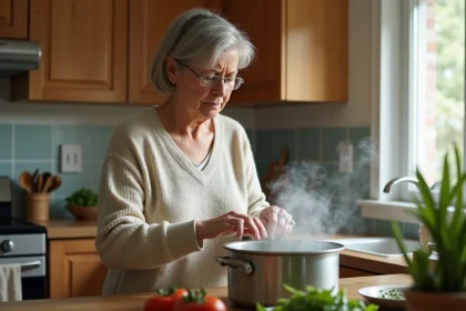 Femme concentrée ouvrant une cocotte ancienne dans la cuisine