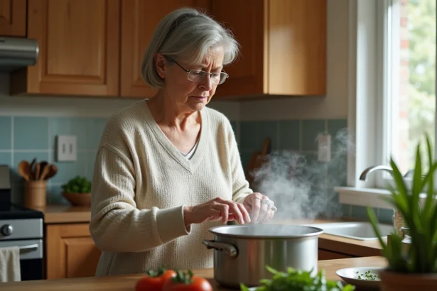 Femme concentrée ouvrant une cocotte ancienne dans la cuisine
