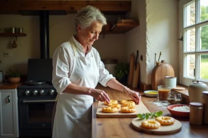 Femme en tablier blanc préparant des crépinettes dans une cuisine rustique