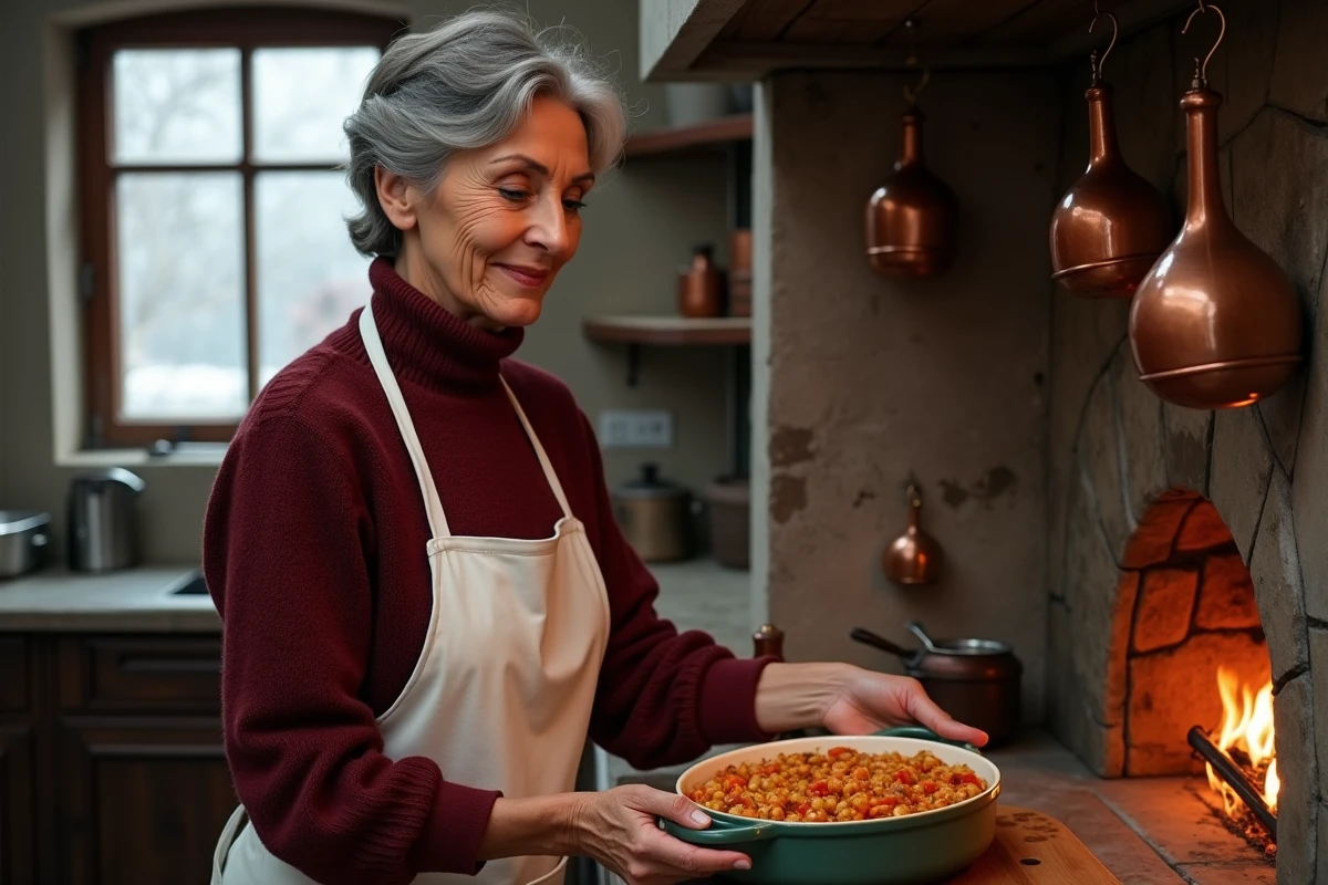 Femme en pull bordeaux sortant un gratin égyptien du four dans une cuisine rustique aux comptoirs en pierre et casseroles en cuivre