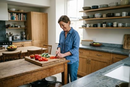 Femme souriante en cuisine coupant des légumes frais