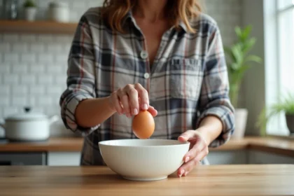 Femme cuisine avec un oeuf dans un bol en bois