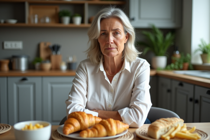 Femme d'âge moyen dans sa cuisine examine un plateau de pains et viennoiseries