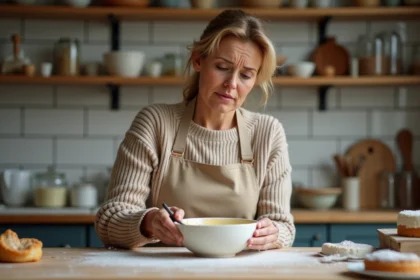 Femme d age moyen dans une cuisine française examinant une crème cassée