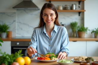 Femme souriante préparant des légumes frais dans une cuisine lumineuse