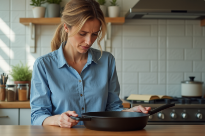 Femme examinant un set de cocottes en fonte dans la cuisine