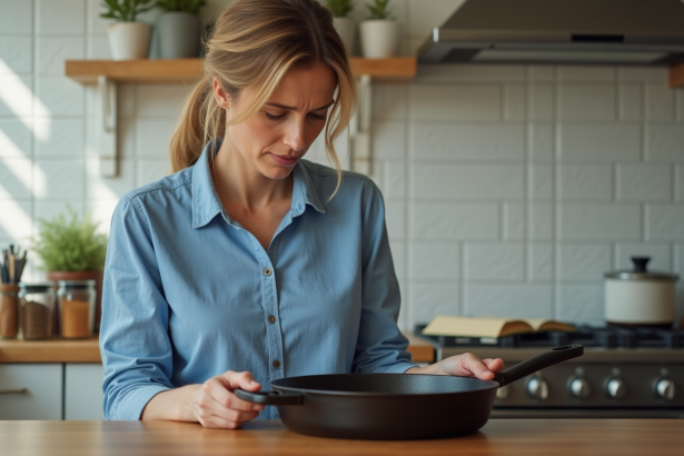 Femme examinant un set de cocottes en fonte dans la cuisine