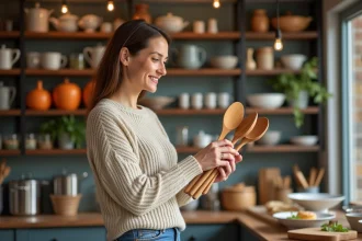 Femme dans une cuisine examine des ustensiles en bois