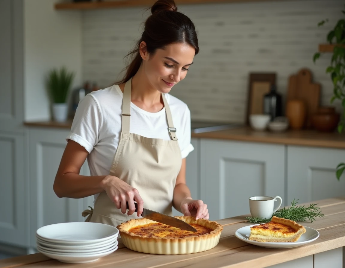 Femme en tablier découpant une part de quiche lorraine dans une cuisine moderne avec plats et herbes fraîches