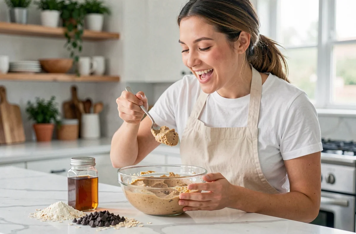 Jeune femme goûtant une pâte à cookie crue allégée dans une cuisine moderne avec des ingrédients sains disposés sur le plan de travail