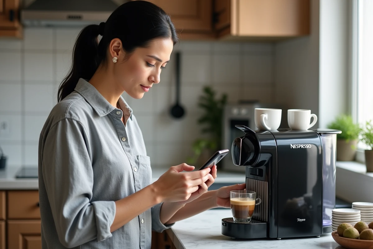 Femme utilisant sa machine Nespresso Magimix pour effectuer un détartrage express en consultant son smartphone