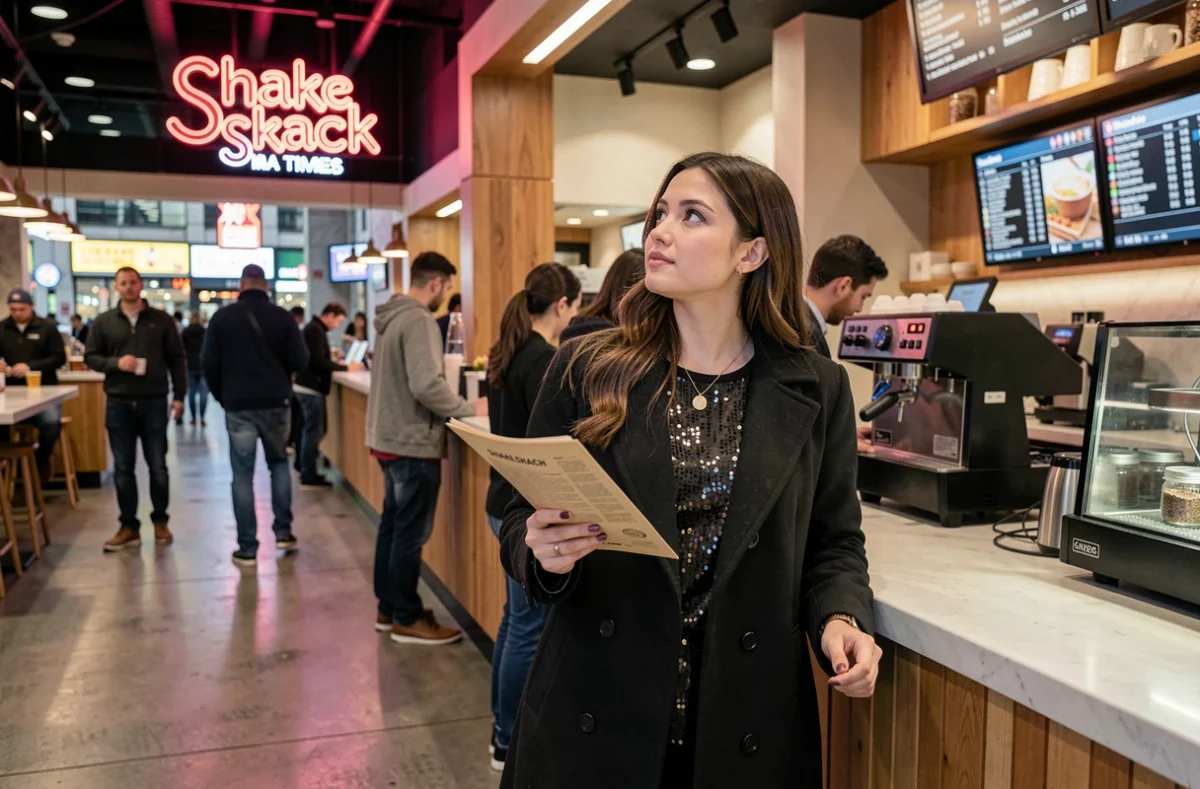 Une jeune femme élégante commande chez Shake Shack à Times Square après une soirée au théâtre de Broadway