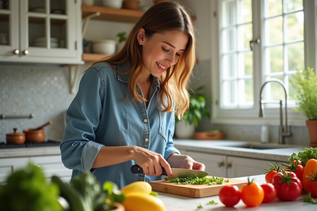 Jeune femme testant des couteaux dans une cuisine lumineuse