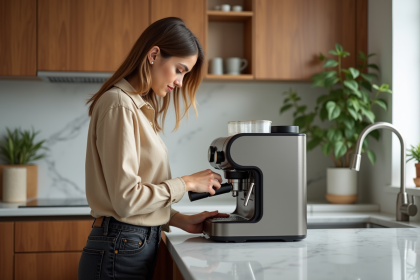 Jeune femme regardant une machine expresso moderne dans une cuisine chaleureuse