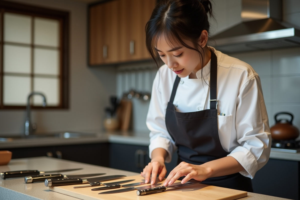 Jeune femme japonaise inspectant des couteaux dans une cuisine moderne