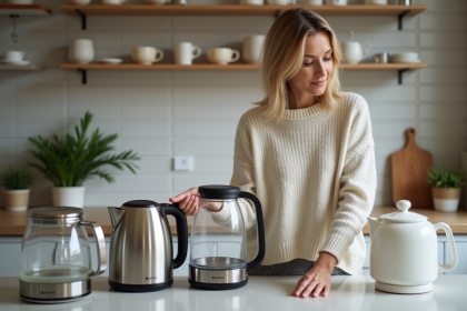 Femme dans la cuisine examine trois bouilloires électriques