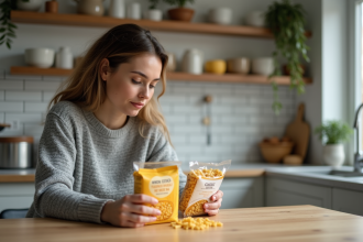 Femme lisant les étiquettes de pâtes complètes et classiques