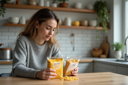 Femme lisant les étiquettes de pâtes complètes et classiques