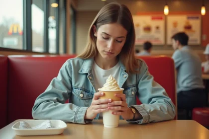 Jeune femme tenant un McFlurry McDonald's en réfléchissant au prix du dessert dans un restaurant fast-food