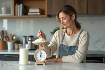 Femme mesurant du lait avec un verre doseur dans une cuisine moderne