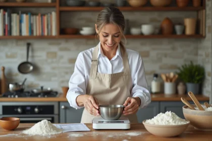 Femme mesurant de la farine dans une cuisine chaleureuse