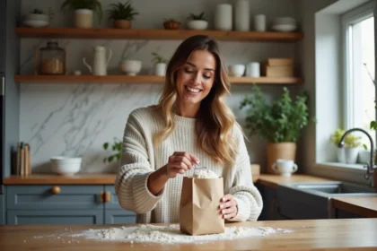 Femme souriante mesurant de la farine dans la cuisine