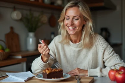 Femme souriante dégustant un gâteau pomme chocolat dans une cuisine chaleureuse