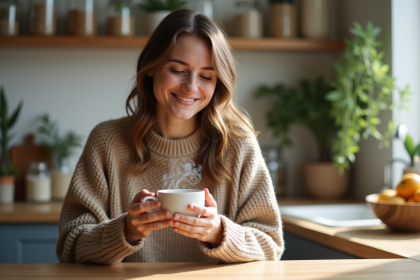Jeune femme souriante tenant une tasse de thé dans la cuisine
